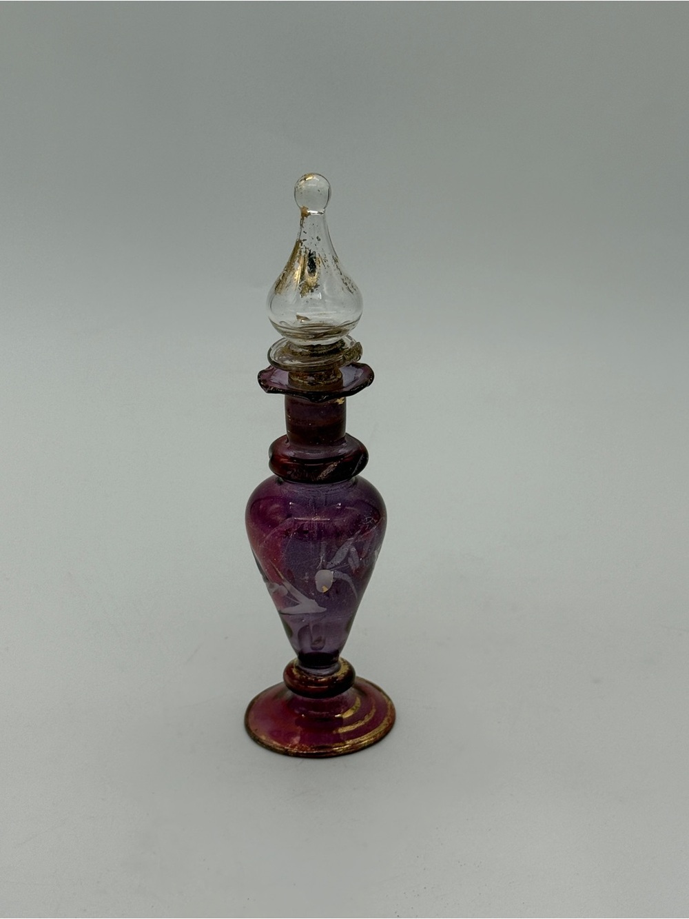 Vintage Antique Hand Blown Cranberry Perfume Bottle With Etched Floral Pattern
